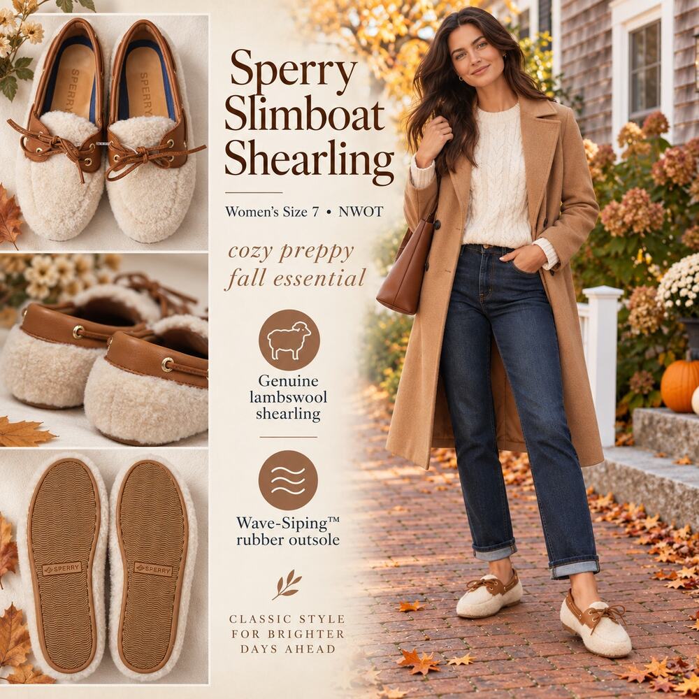 Sperry Slimboat Shearling Boat Shoes Cream Brown Women’s Size 7 NWOT